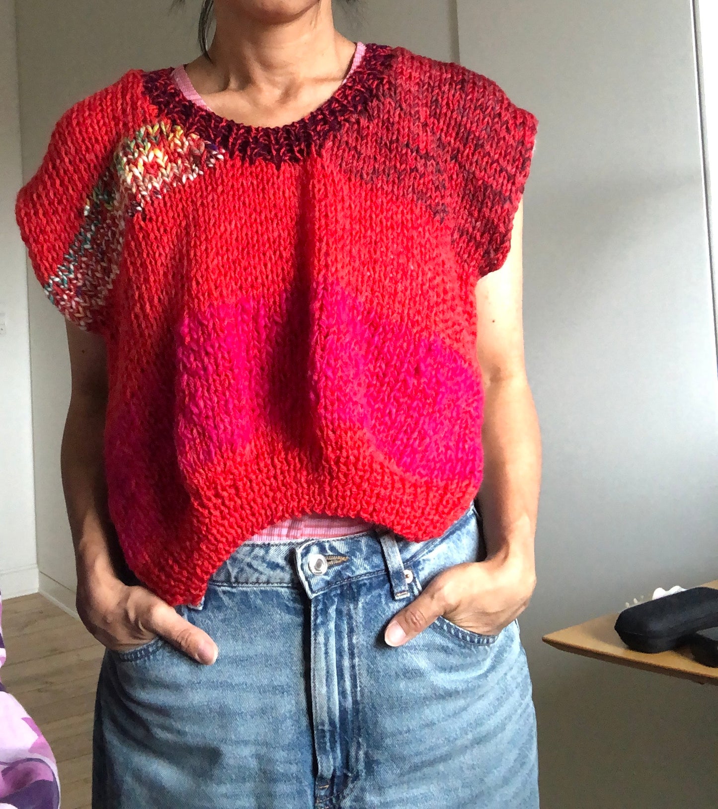 Hand-knitted sweater, slow fashion, fancy yarn, oneofakind, short sleeves, short length, 2273