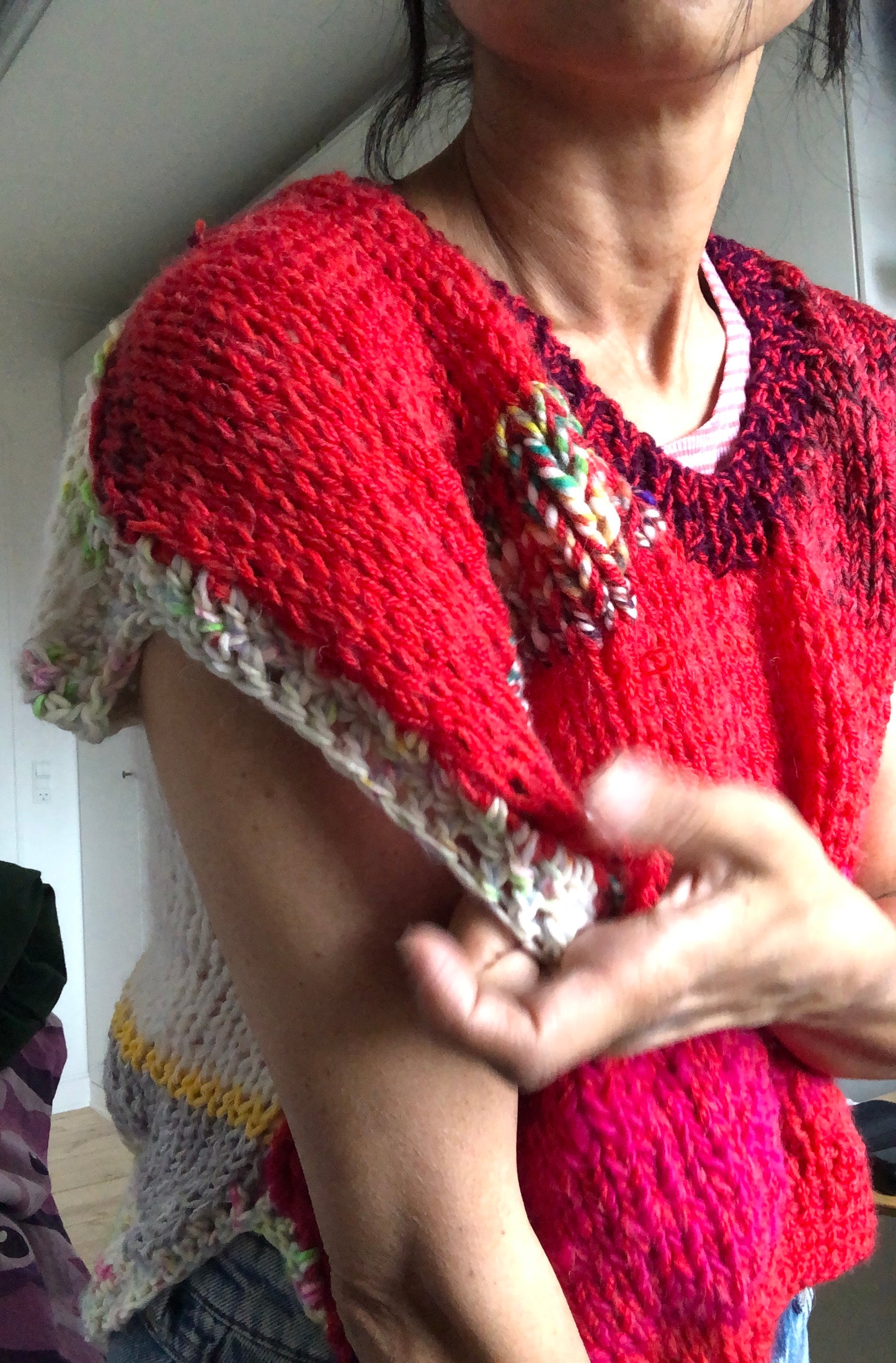 Hand-knitted sweater, slow fashion, fancy yarn, oneofakind, short sleeves, short length, 2273