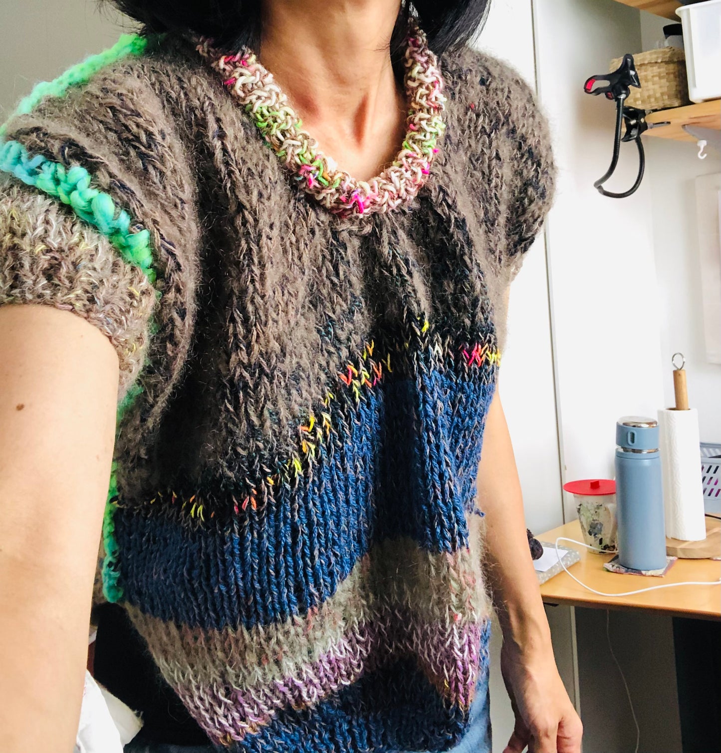 Hand-knitted sweater, slow fashion, fancy yarn, oneofakind, short sleeves, short length, 2278