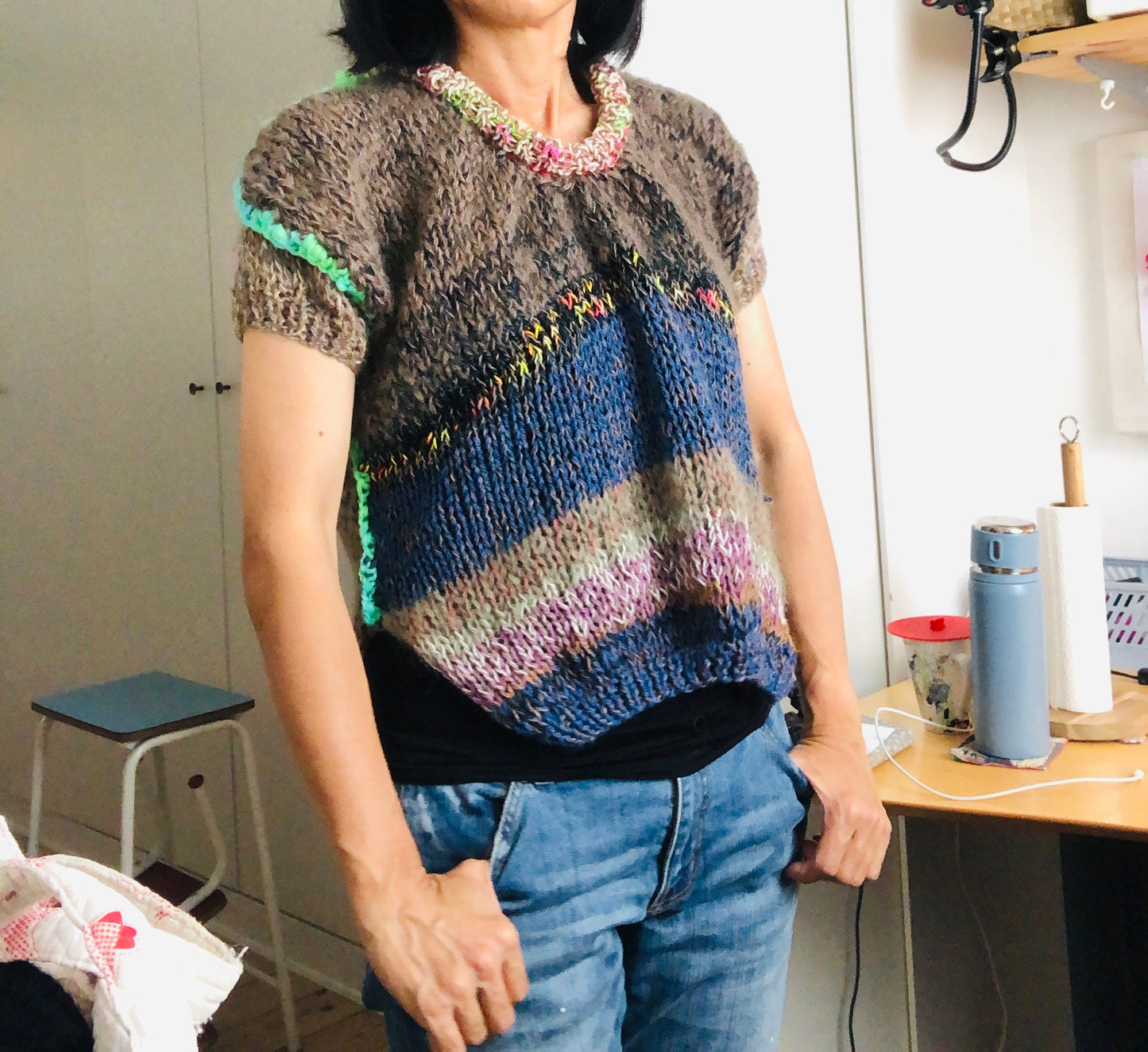 Hand-knitted sweater, slow fashion, fancy yarn, oneofakind, short sleeves, short length, 2278