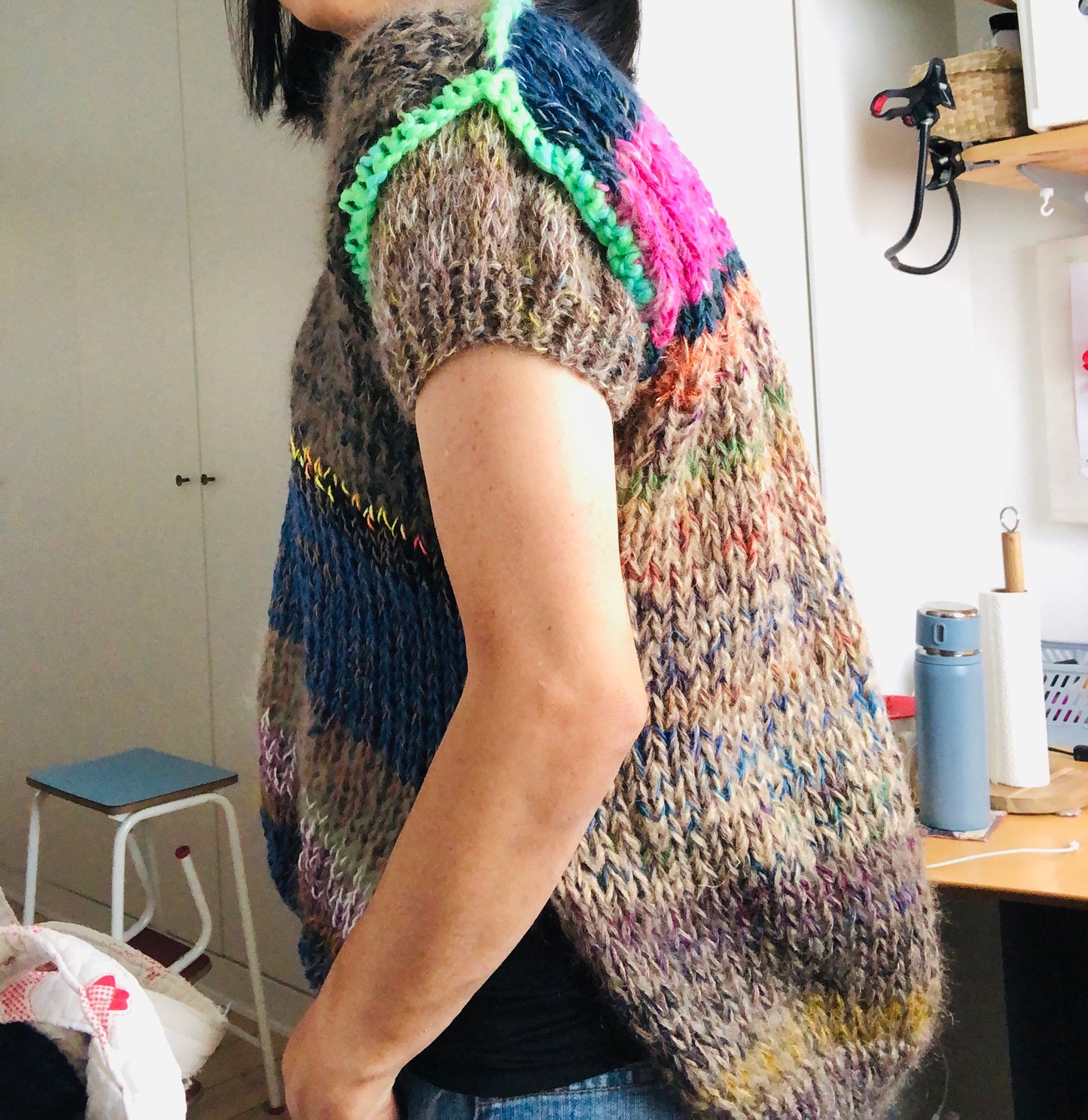 Hand-knitted sweater, slow fashion, fancy yarn, oneofakind, short sleeves, short length, 2278