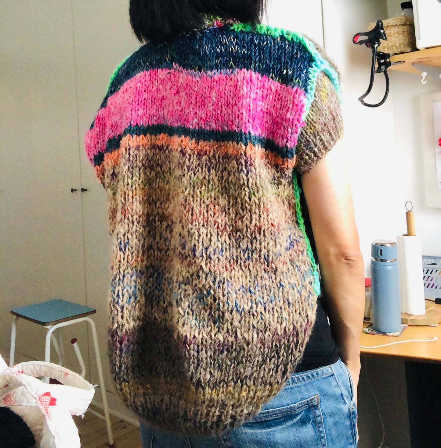 Hand-knitted sweater, slow fashion, fancy yarn, oneofakind, short sleeves, short length, 2278