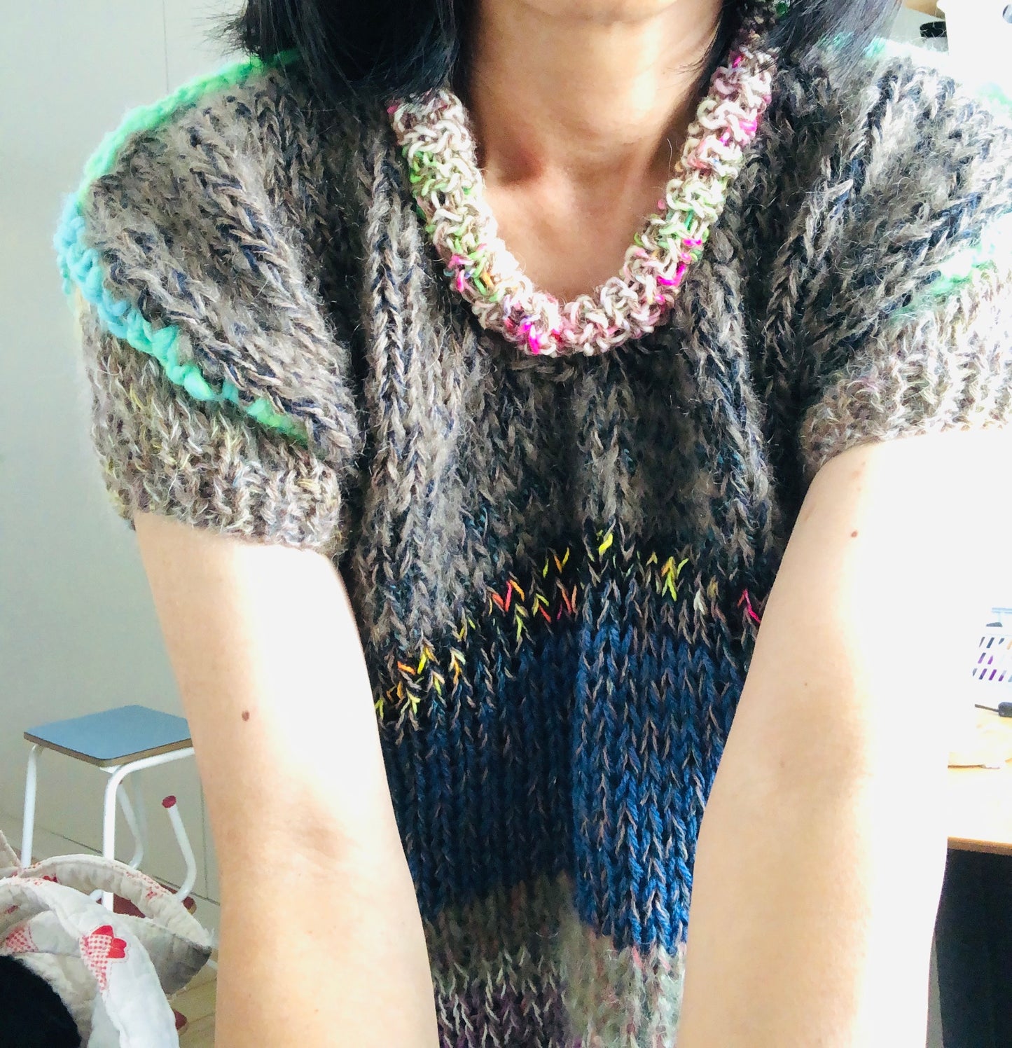 Hand-knitted sweater, slow fashion, fancy yarn, oneofakind, short sleeves, short length, 2278