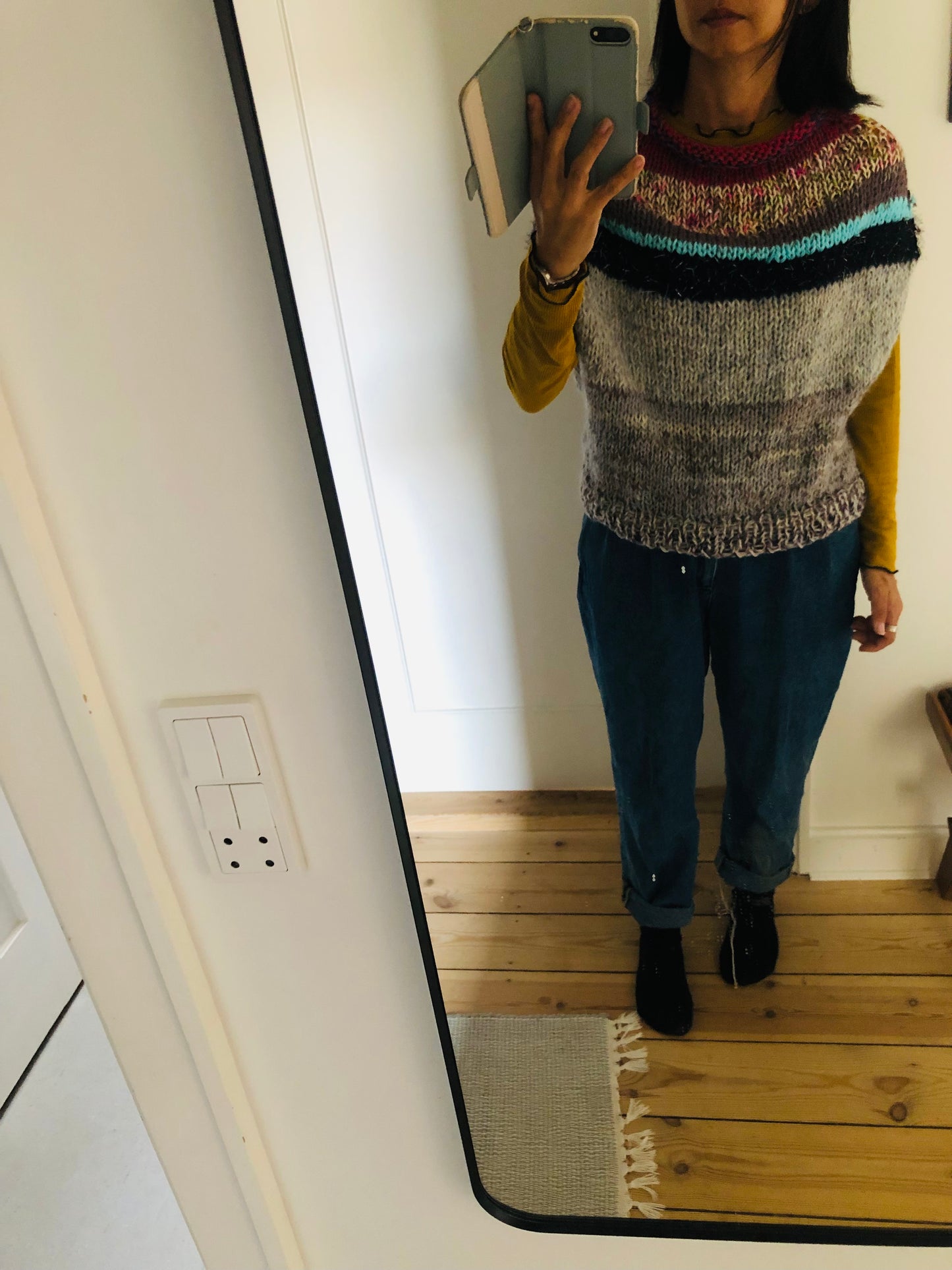 Hand-knitted sweater, slow fashion, fancy yarn, oneofakind, vest, poncho, 2301