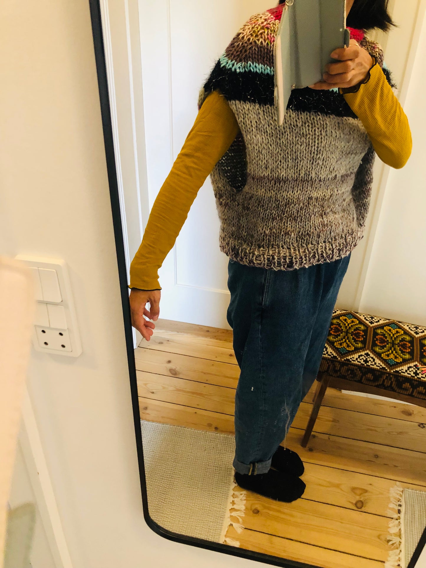 Hand-knitted sweater, slow fashion, fancy yarn, oneofakind, vest, poncho, 2301