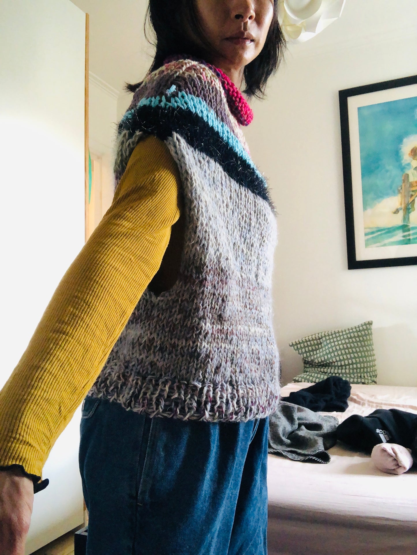 Hand-knitted sweater, slow fashion, fancy yarn, oneofakind, vest, poncho, 2301