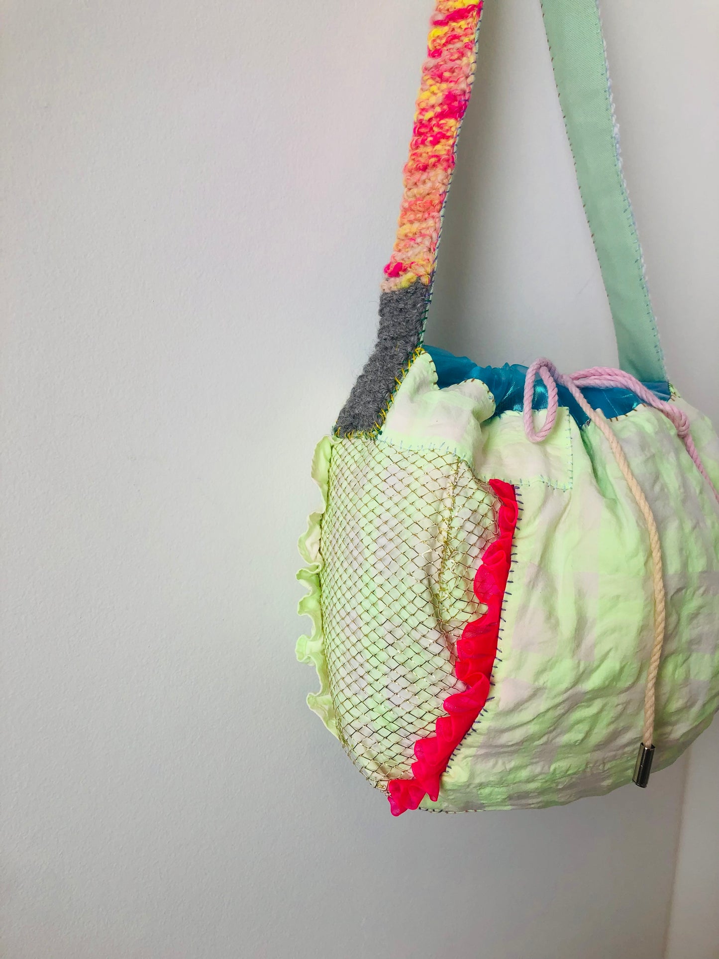 Hand-sewn fabric drawstring bag, slow fashion, handmade, 2307