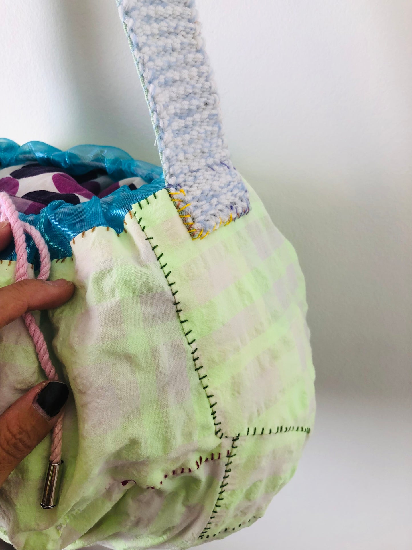 Hand-sewn fabric drawstring bag, slow fashion, handmade, 2307