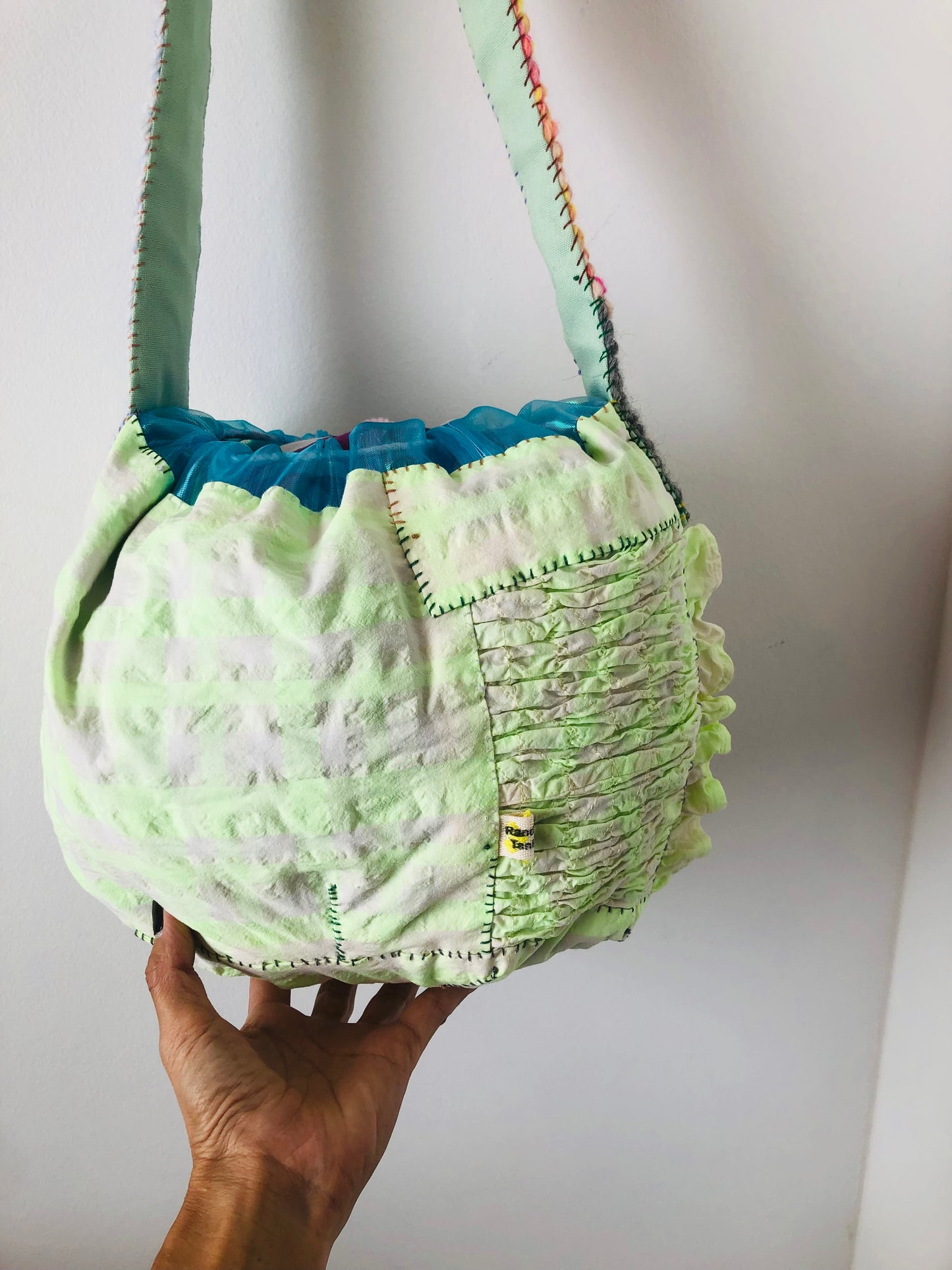 Hand-sewn fabric drawstring bag, slow fashion, handmade, 2307