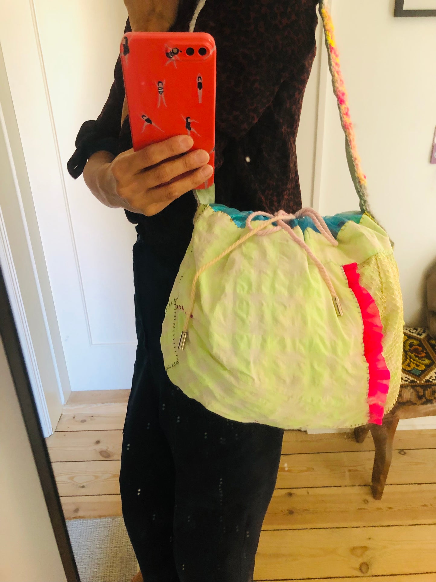 Hand-sewn fabric drawstring bag, slow fashion, handmade, 2307