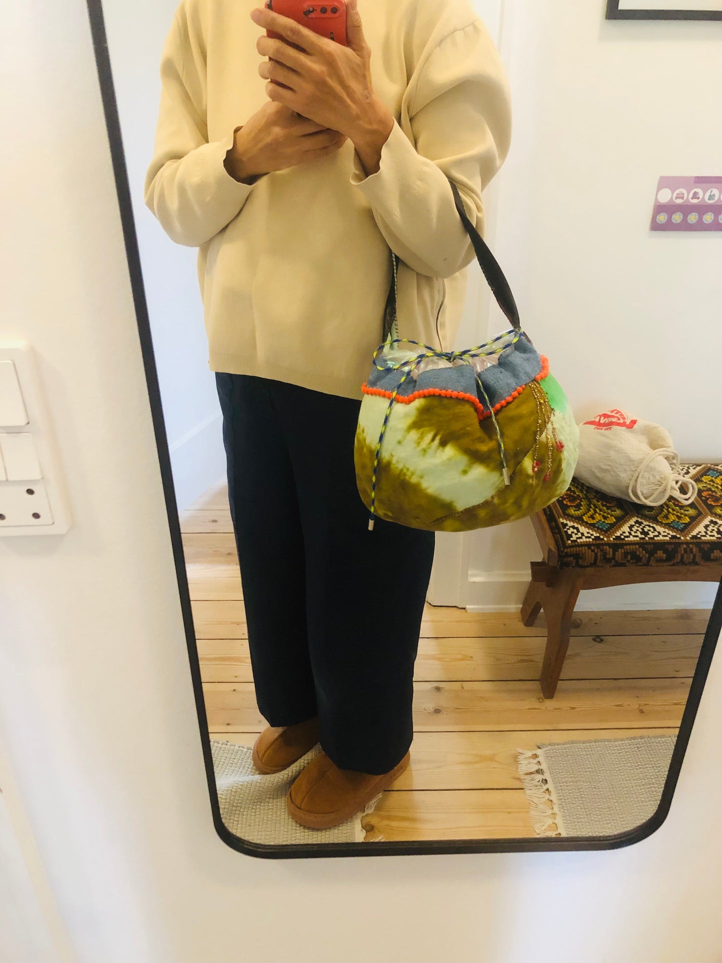 Hand-sewn fabric drawstring bag, slow fashion, handmade, 2313