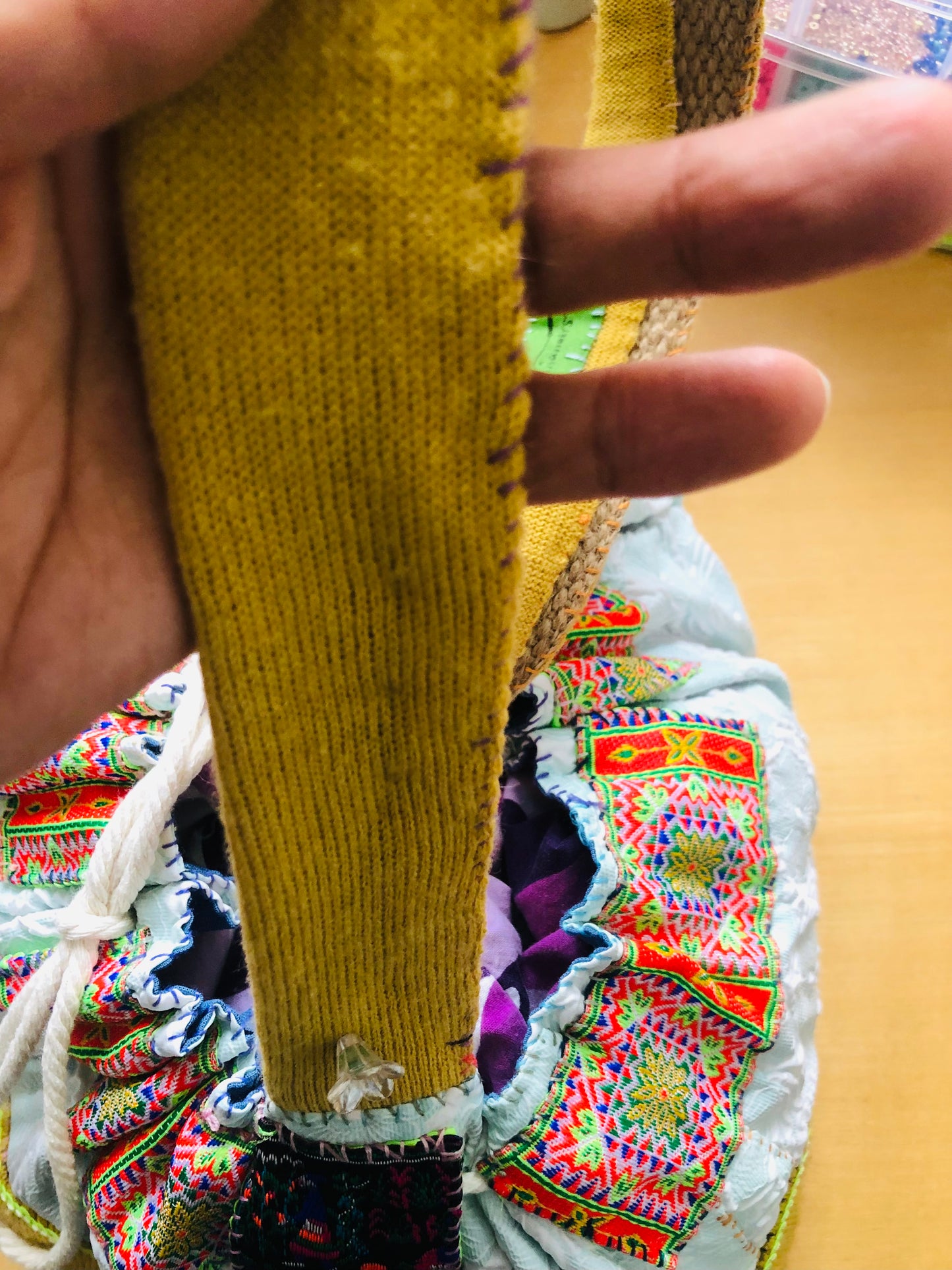 Bag   巾着バッグ　ワンハンドル　手縫いのバッグ　布製　スローファッション　ハンドメイド　1960