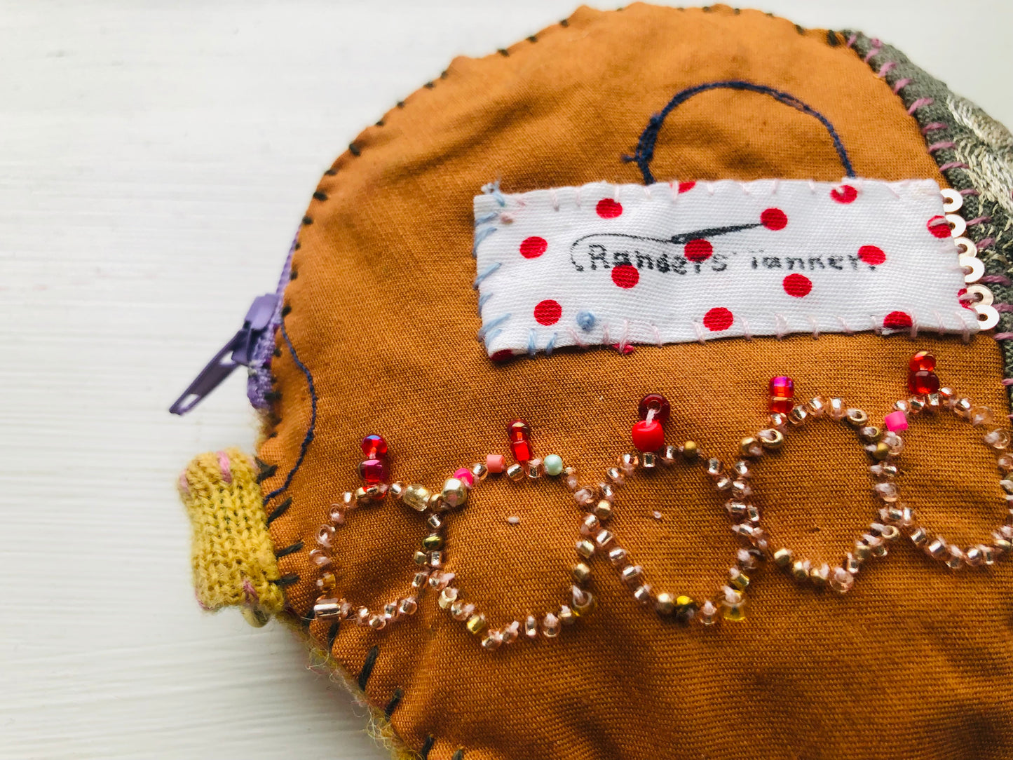 Coin case Beads Hand-sewn Embroidery Fabric Coin purse Handmade 1961