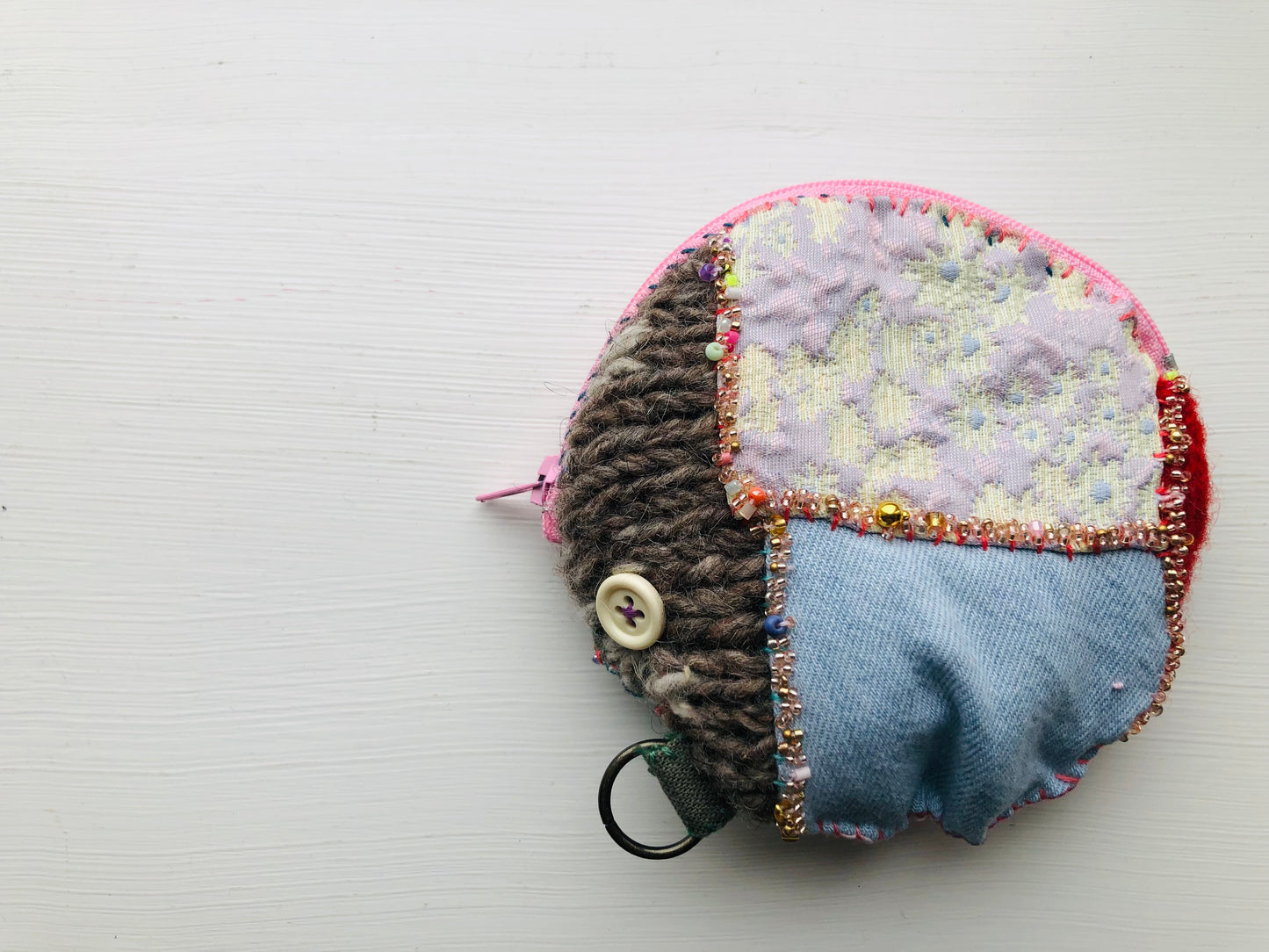 Coin case Beads Hand-sewn Embroidery Fabric Coin purse Handmade 1954