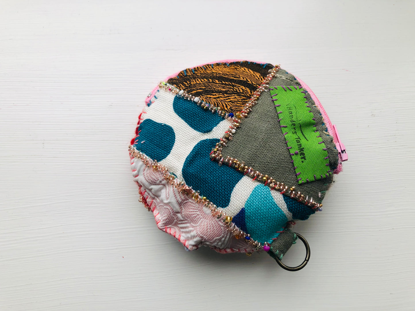 Coin case Beads Hand-sewn Embroidery Fabric Coin purse Handmade 1954