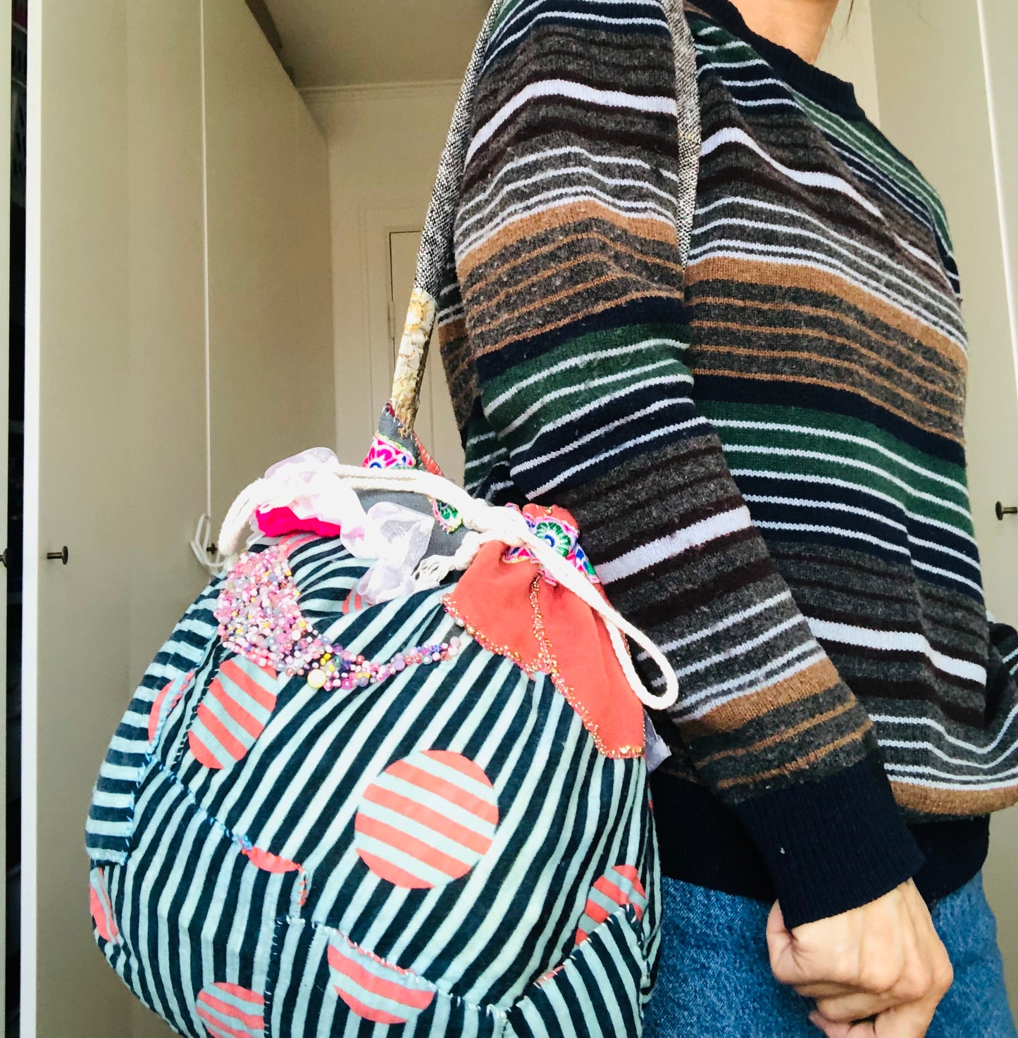 Taske med snørebånd Håndsyet stoftaske Slow Fashion Håndlavet 1989