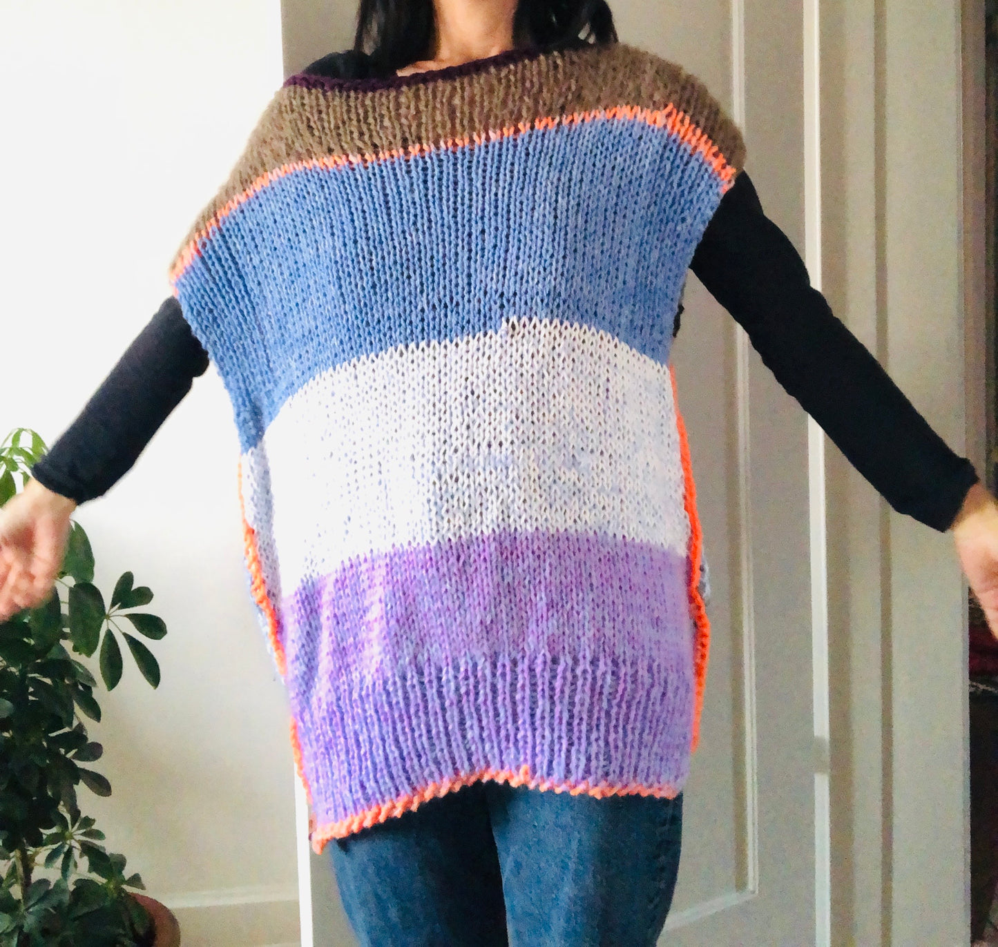 セーター　手編み　スローファッション　2way　ファンシーヤーン　oneofakind  ベスト　ロング丈　2350