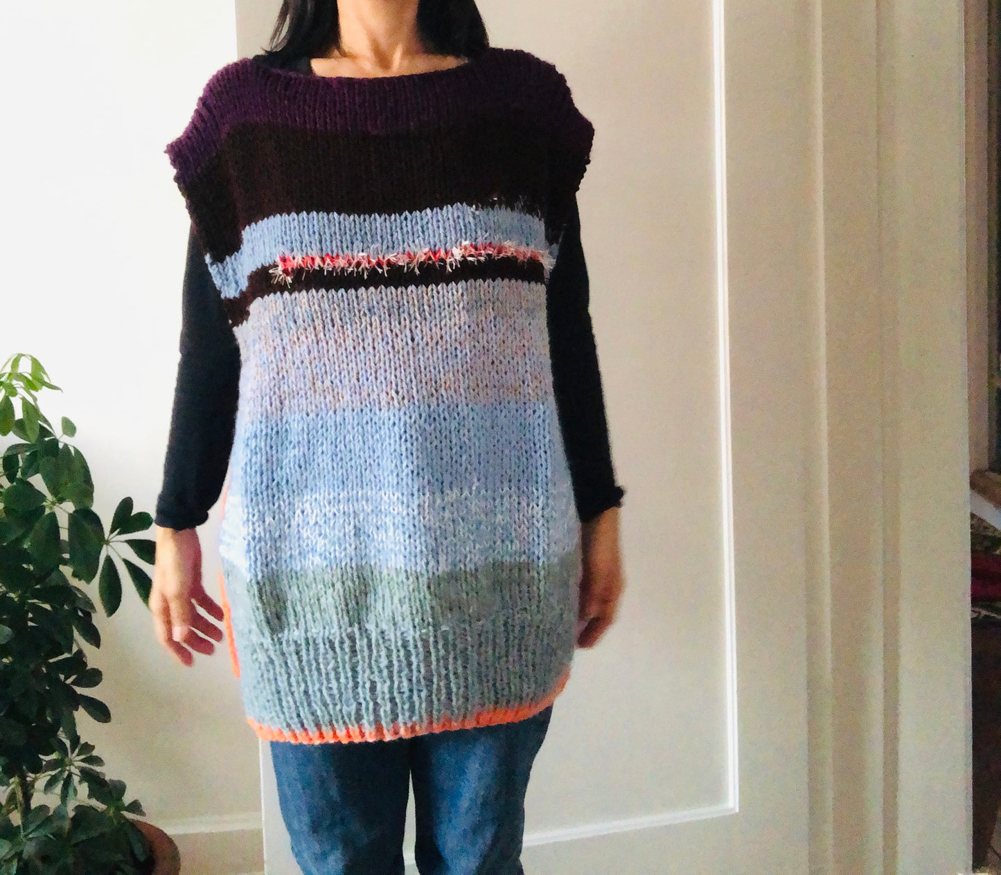 セーター　手編み　スローファッション　2way　ファンシーヤーン　oneofakind  ベスト　ロング丈　2350