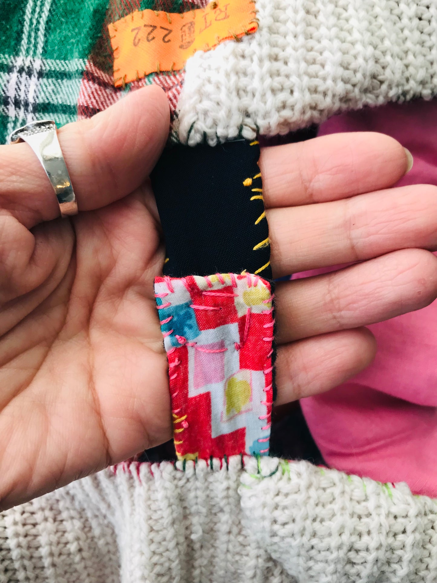 Taske håndsyet taske stof ægte læder håndtag håndlavet 1629 