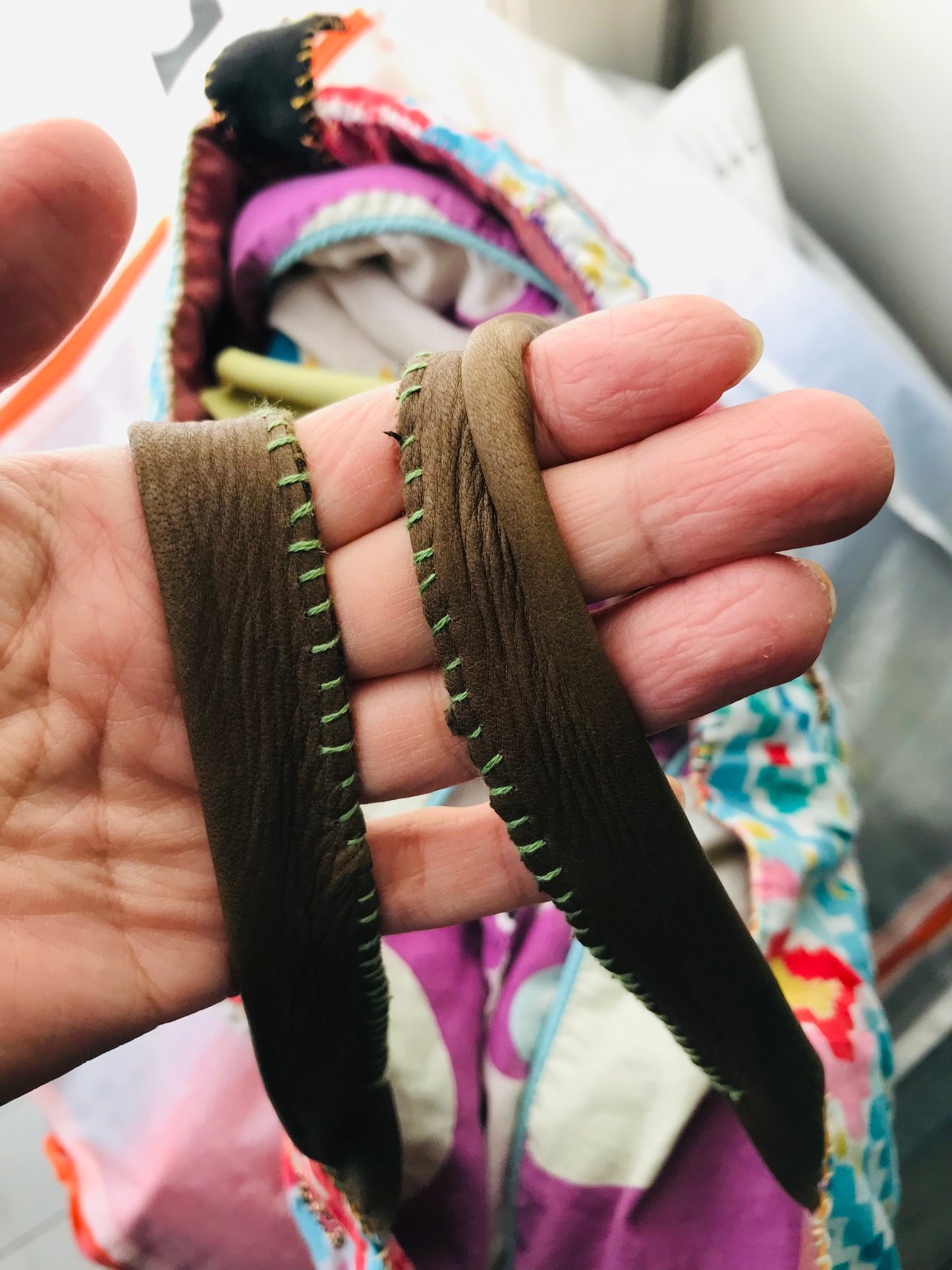 Taske håndsyet taske stof ægte læder håndtag håndlavet 1632 