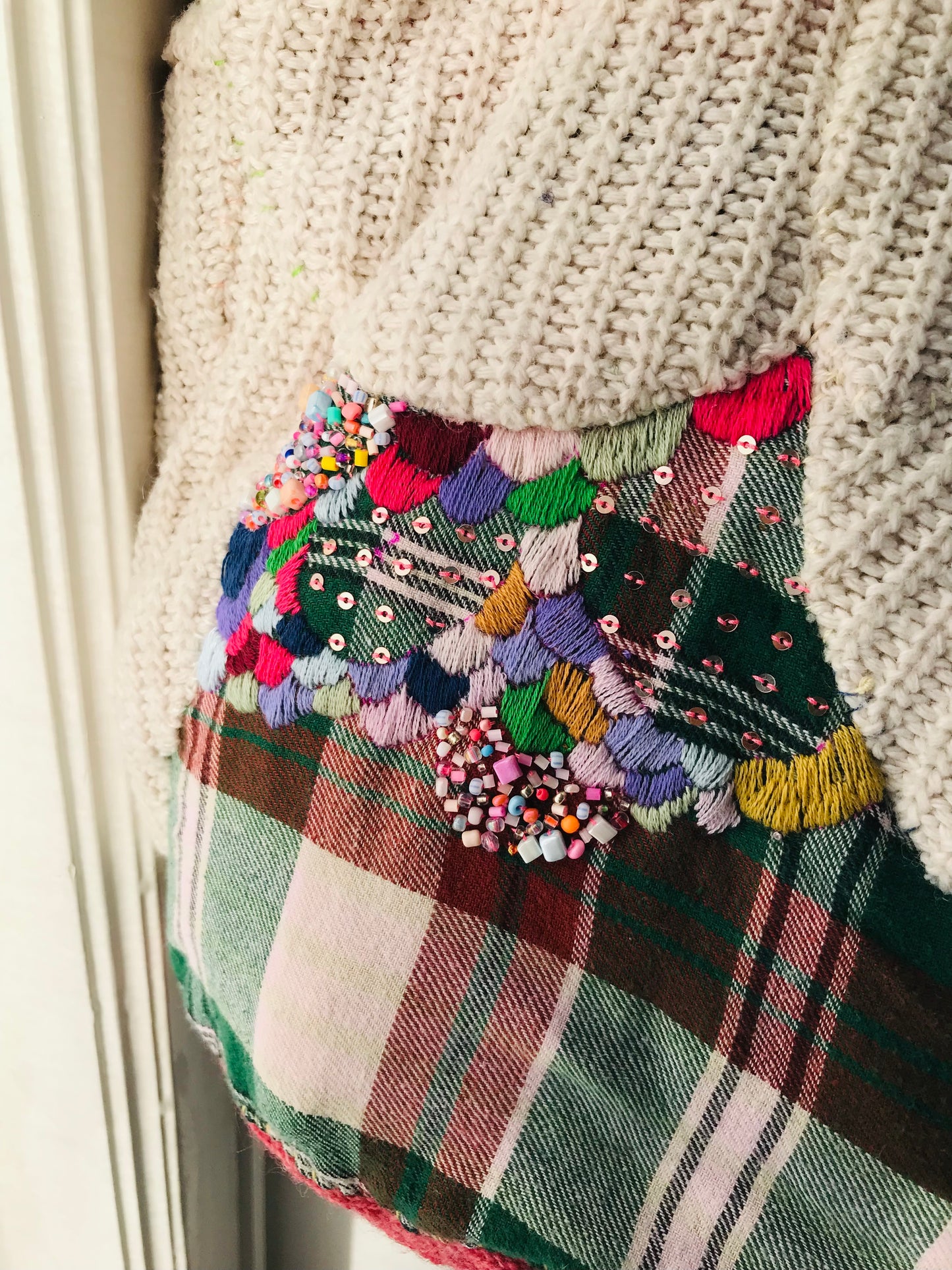 Taske håndsyet taske stof ægte læder håndtag håndlavet 1629 