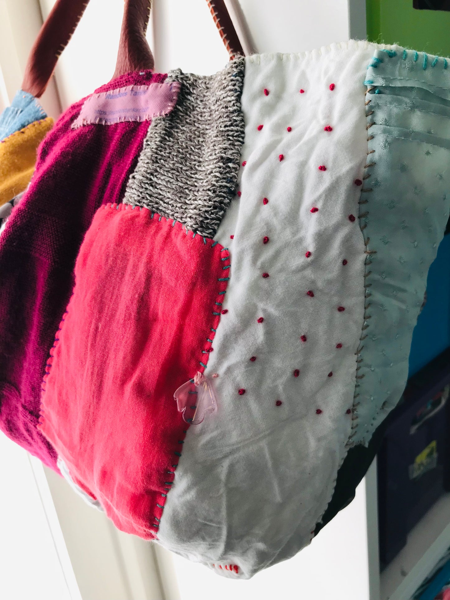 Taske håndsyet taske stof ægte læder håndtag håndlavet 1622 