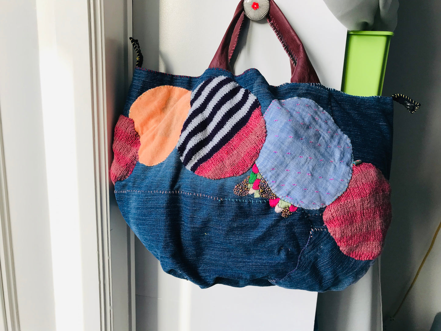 Taske håndsyet taske stof ægte læder håndtag håndlavet 1631 