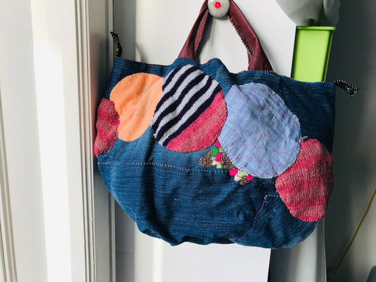 Taske håndsyet taske stof ægte læder håndtag håndlavet 1631 