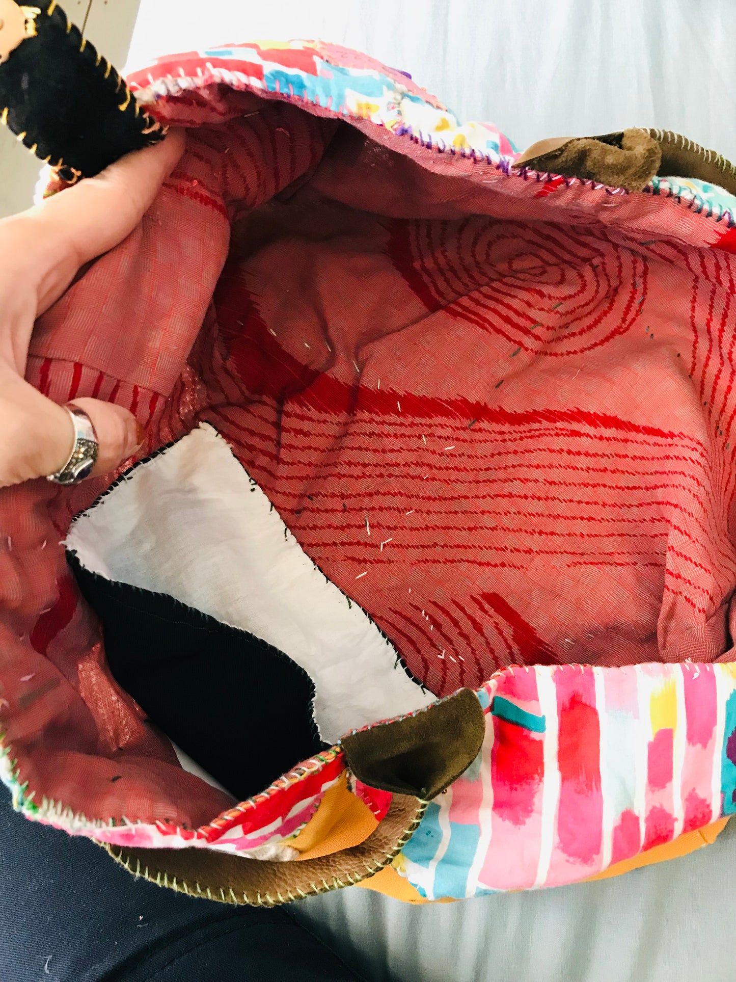 Taske håndsyet taske stof ægte læder håndtag håndlavet 1632 