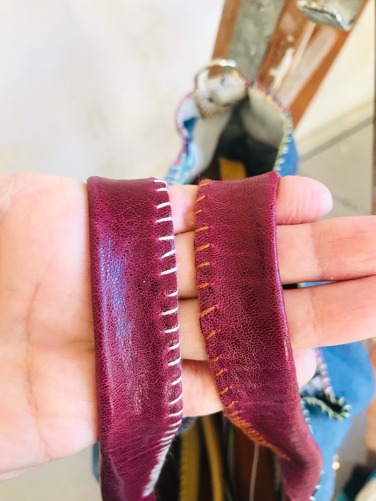 Taske håndsyet taske stof ægte læder håndtag slow fashion håndlavet 1672 