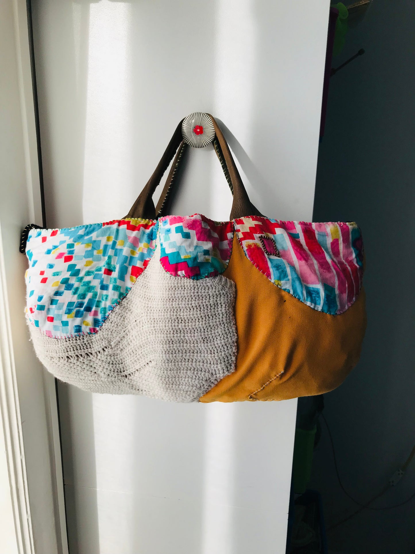 Taske håndsyet taske stof ægte læder håndtag håndlavet 1632 