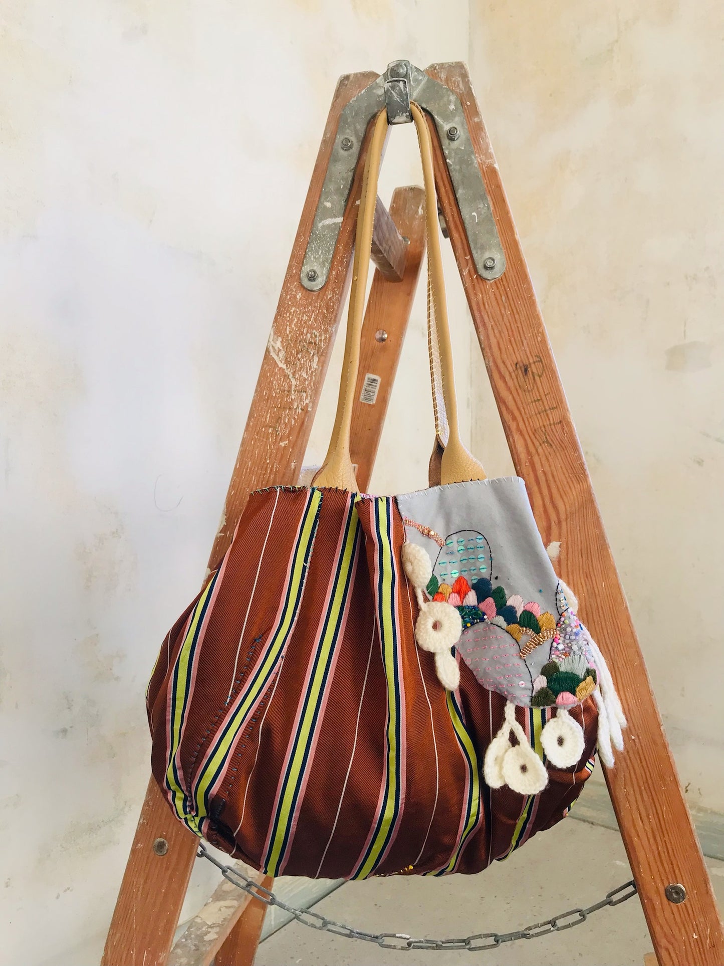 Taske håndsyet taske stof ægte læder håndtag slow fashion håndlavet 1694 