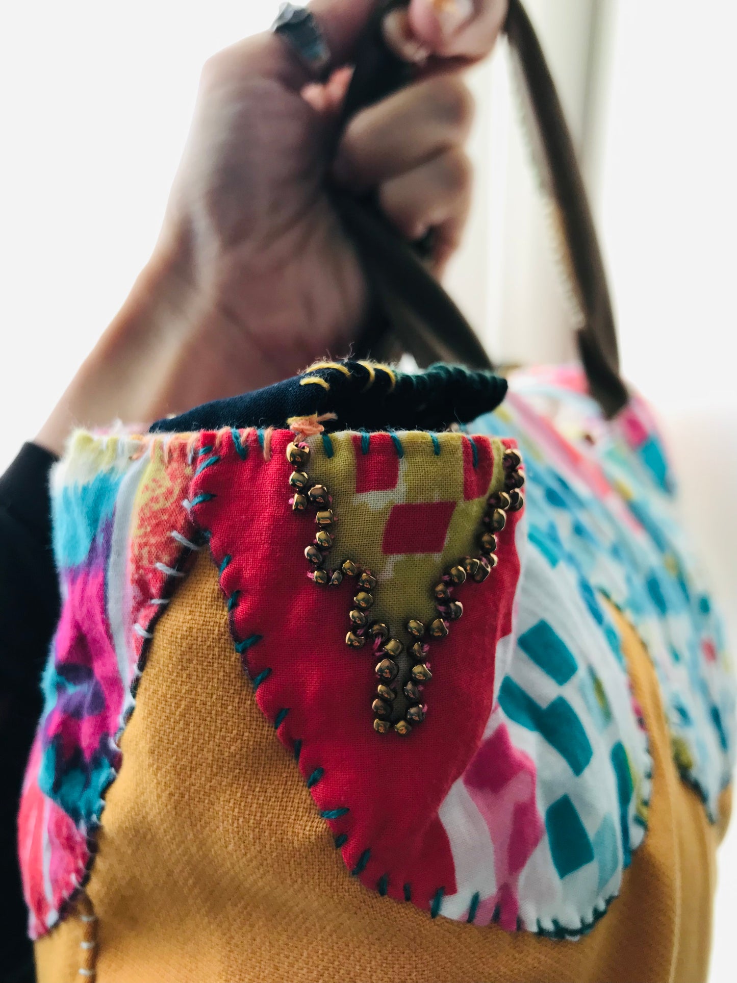 Taske håndsyet taske stof ægte læder håndtag håndlavet 1632 