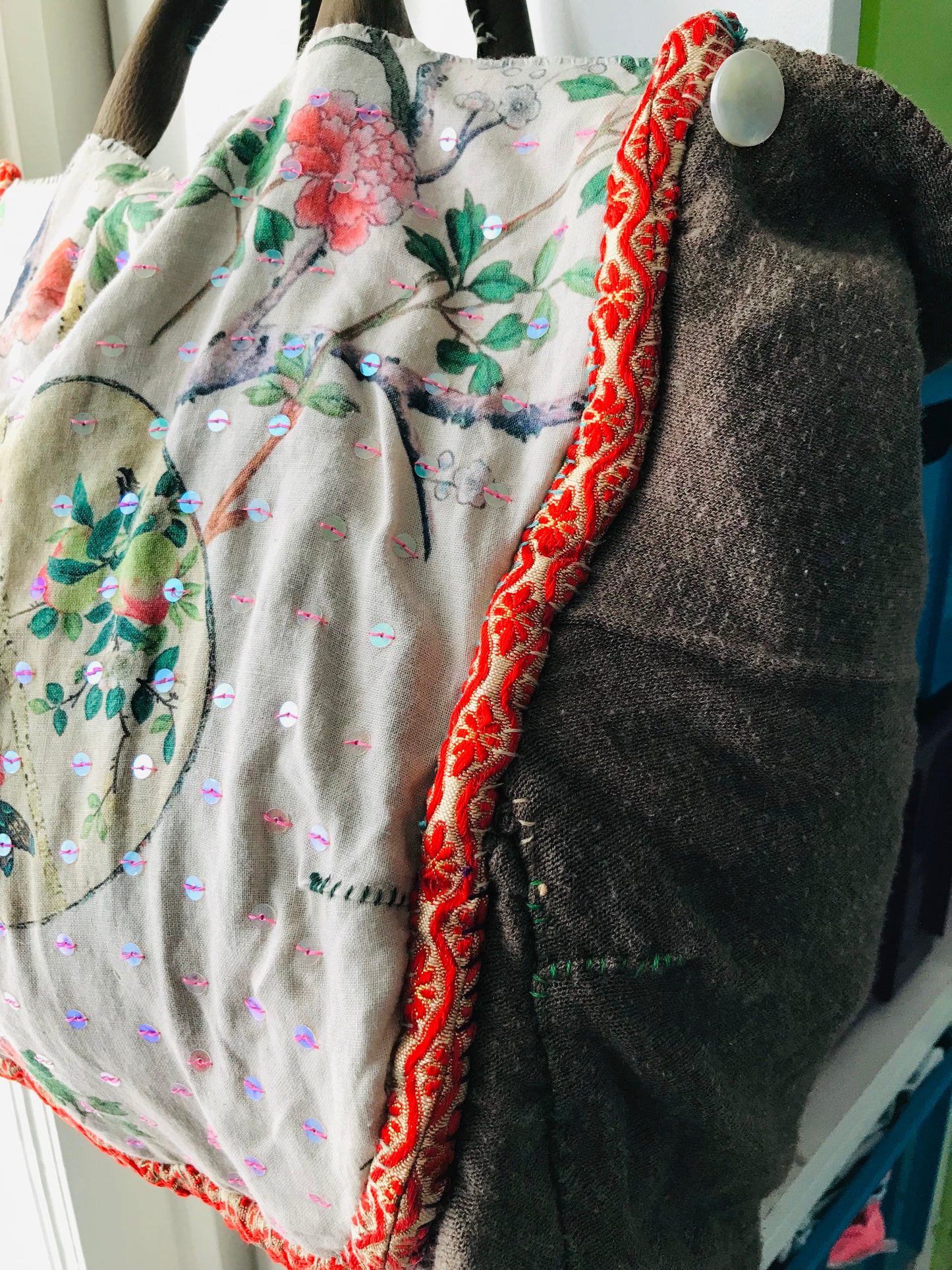 Taske håndsyet taske stof ægte læder håndtag håndlavet 1630 