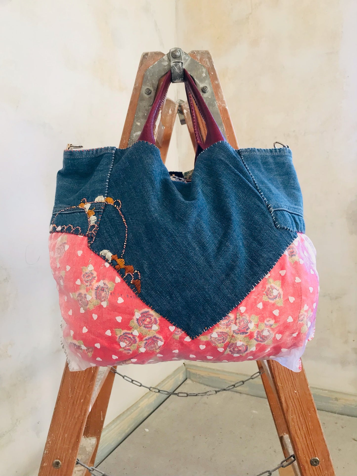 Taske håndsyet taske stof ægte læder håndtag slow fashion håndlavet 1672 