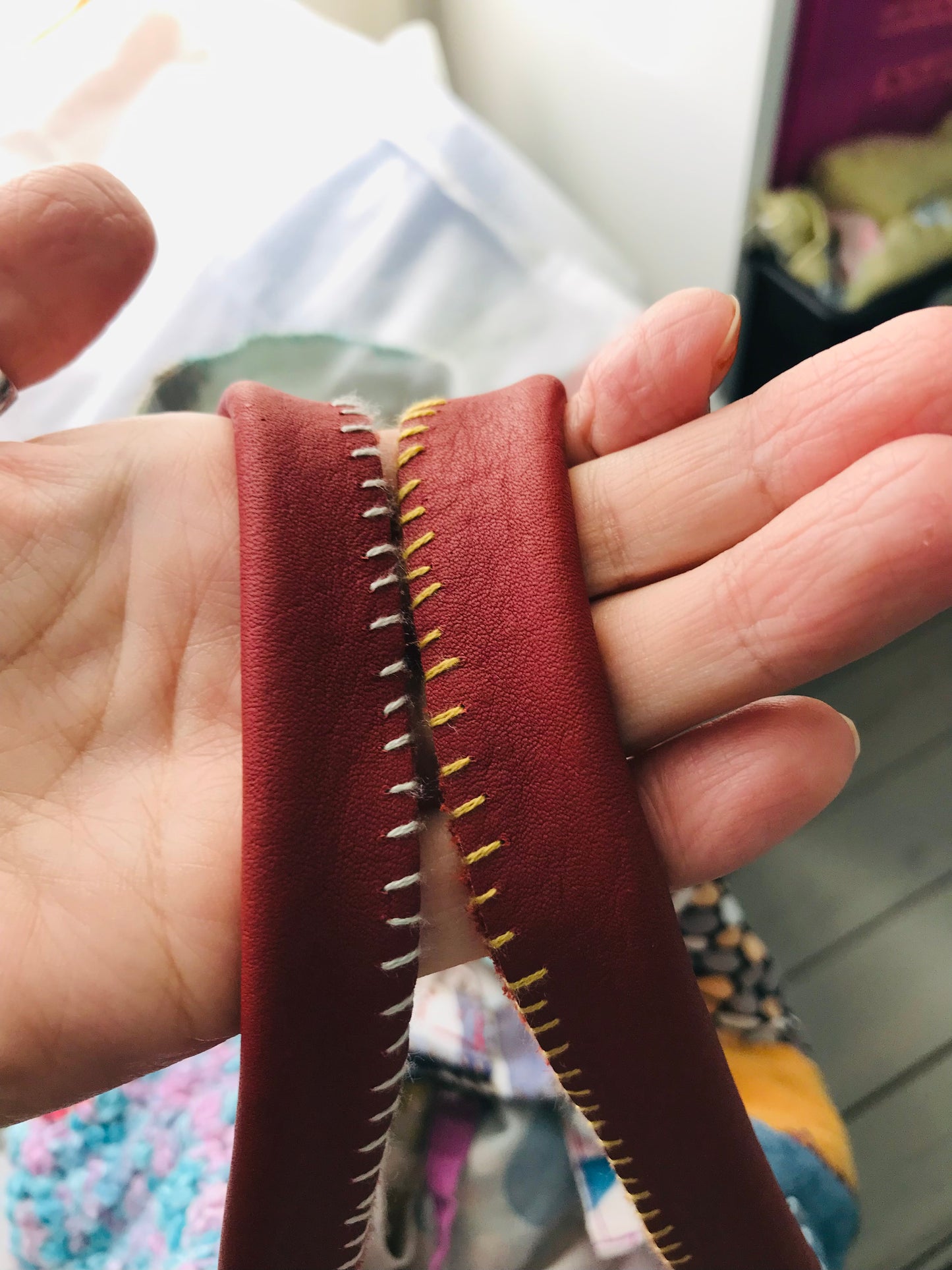 Taske håndsyet taske stof ægte læder håndtag håndlavet 1622 