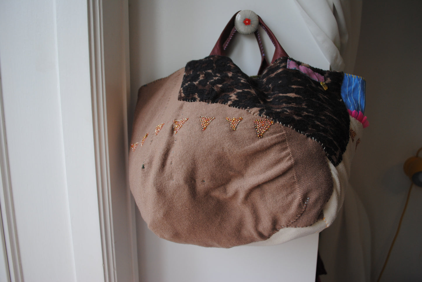 Taske håndsyet taske stof ægte læder håndtag håndlavet 1581