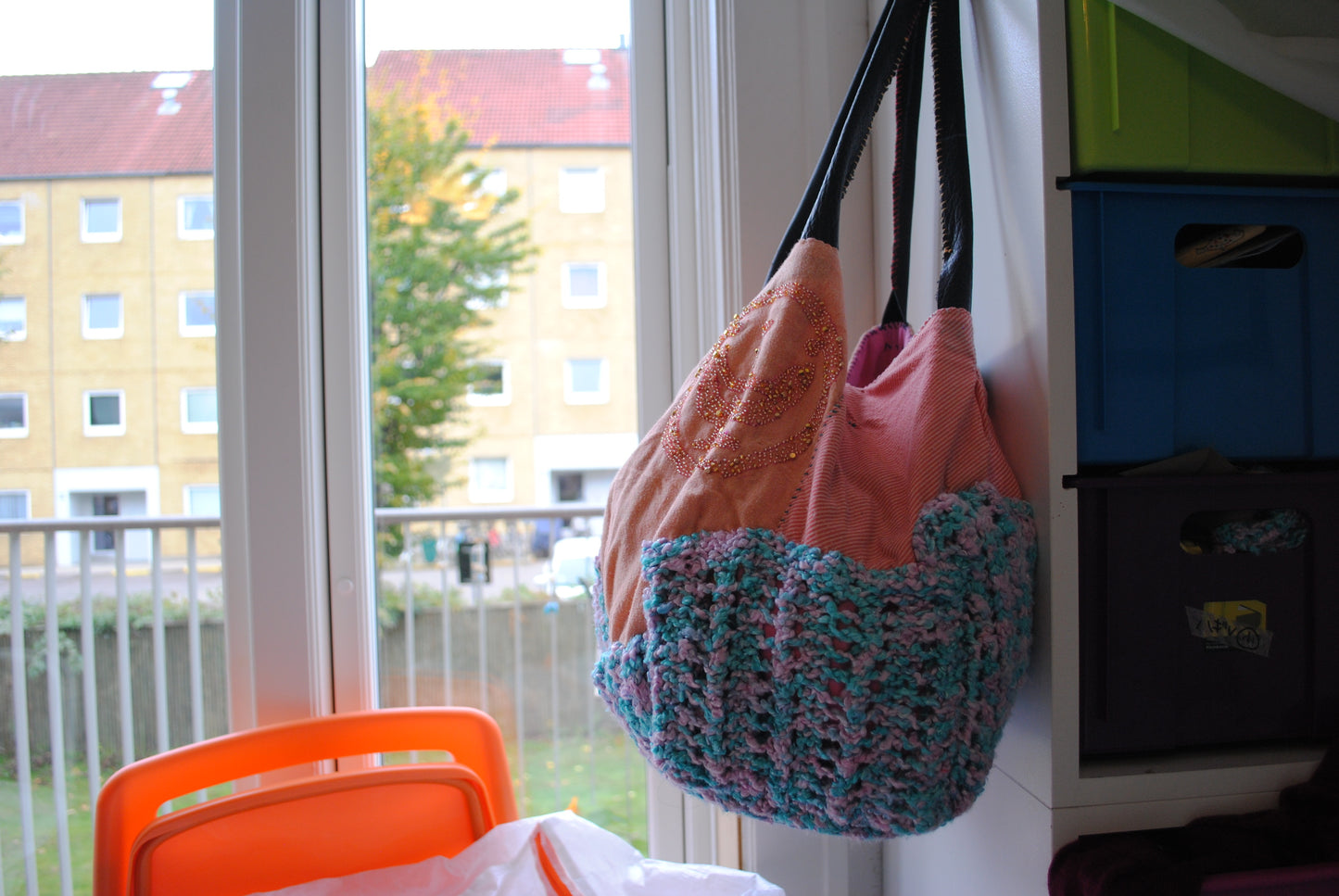 Taske håndsyet taske stof ægte læder håndtag håndlavet 1613