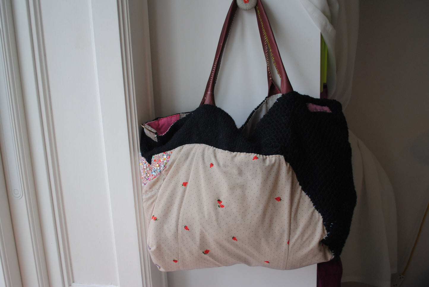 Taske håndsyet taske stof ægte læder håndtag håndlavet 1614