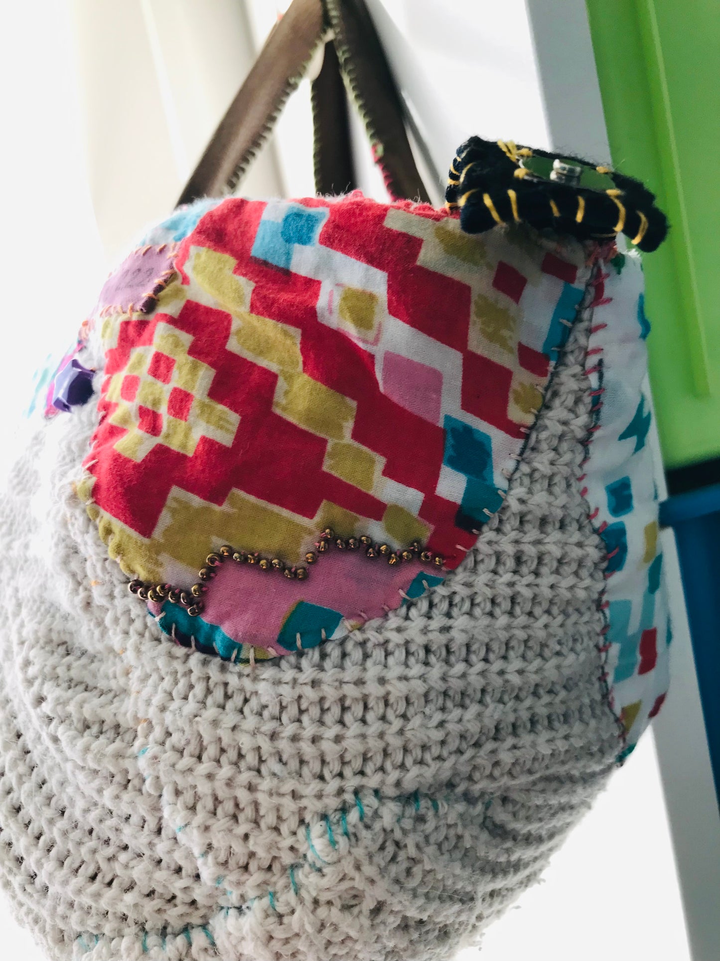 Taske håndsyet taske stof ægte læder håndtag håndlavet 1632 