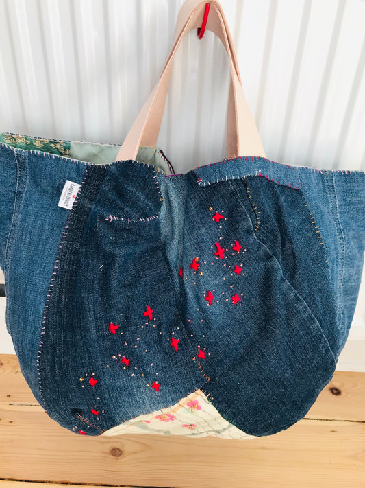 Taske håndsyet taske stof ægte læder håndtag slow fashion håndlavet 1703 