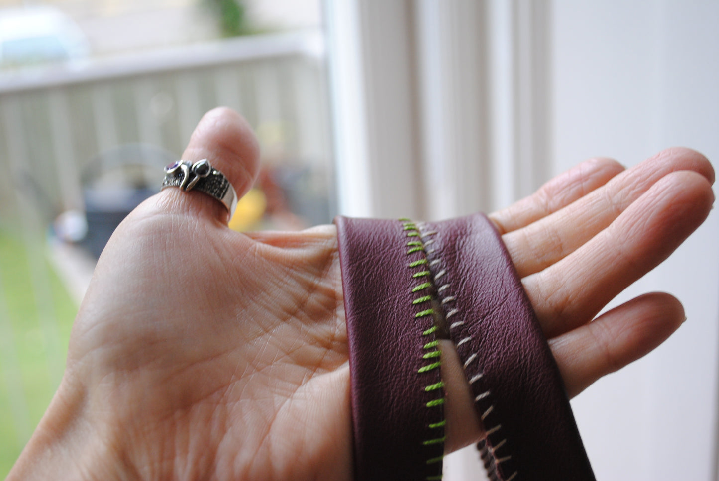 Taske håndsyet taske stof ægte læder håndtag håndlavet 1614