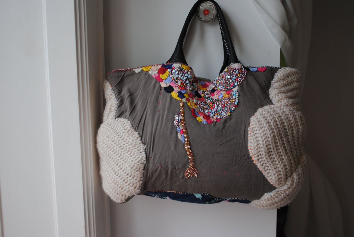 Taske håndsyet taske stof ægte læder håndtag håndlavet 1615