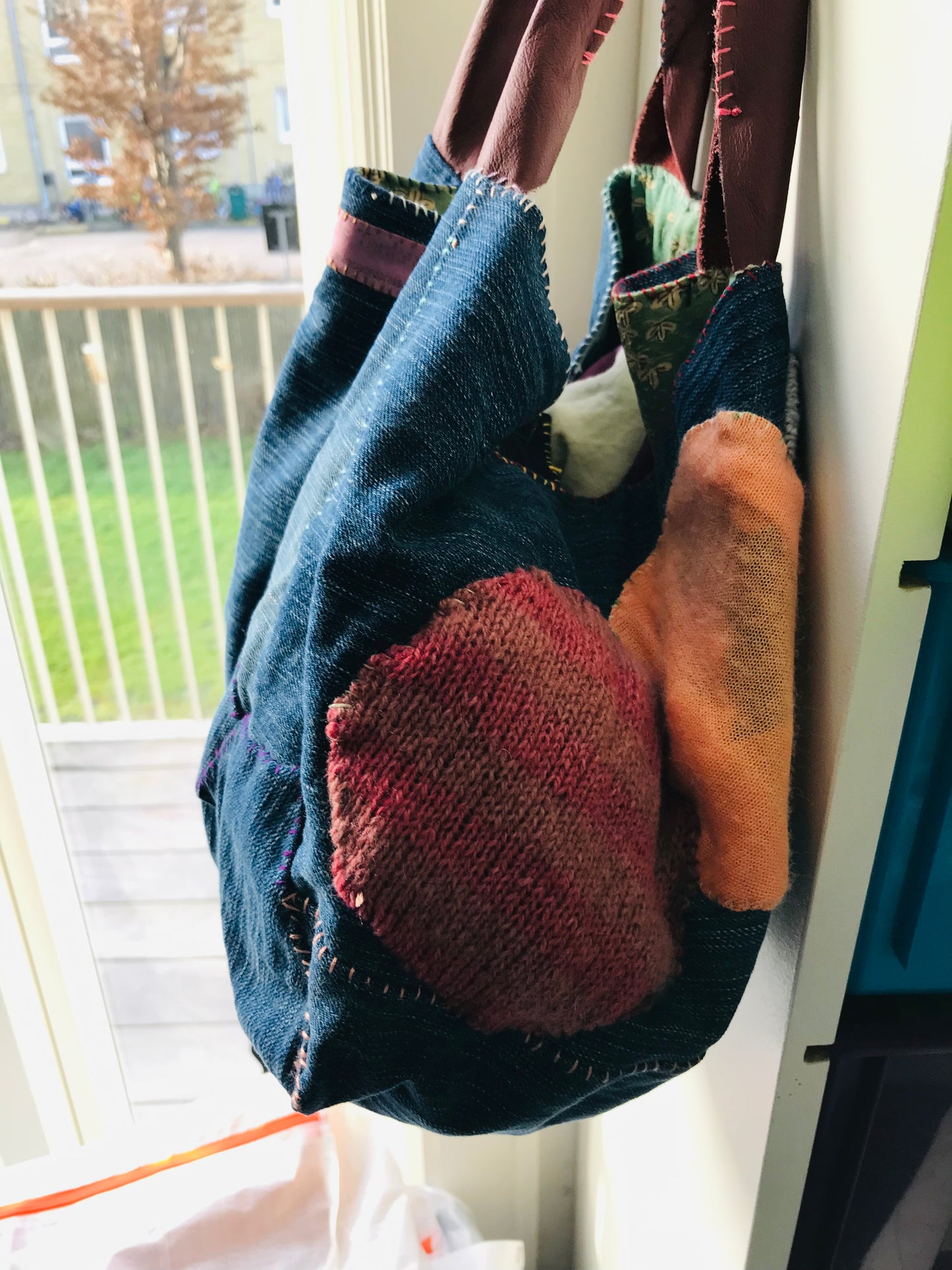 Taske håndsyet taske stof ægte læder håndtag håndlavet 1631 