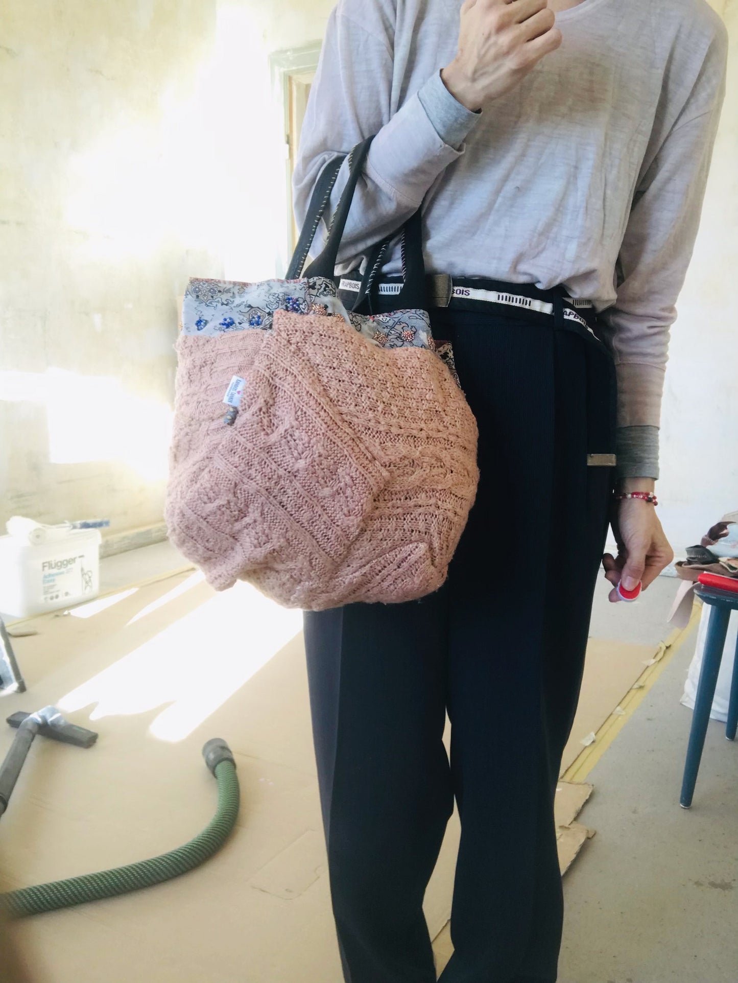 Taske håndsyet taske stof ægte læder håndtag slow fashion håndlavet 1665 