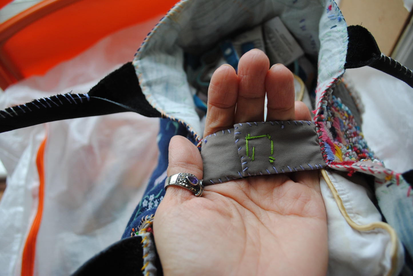 Taske håndsyet taske stof ægte læder håndtag håndlavet 1615