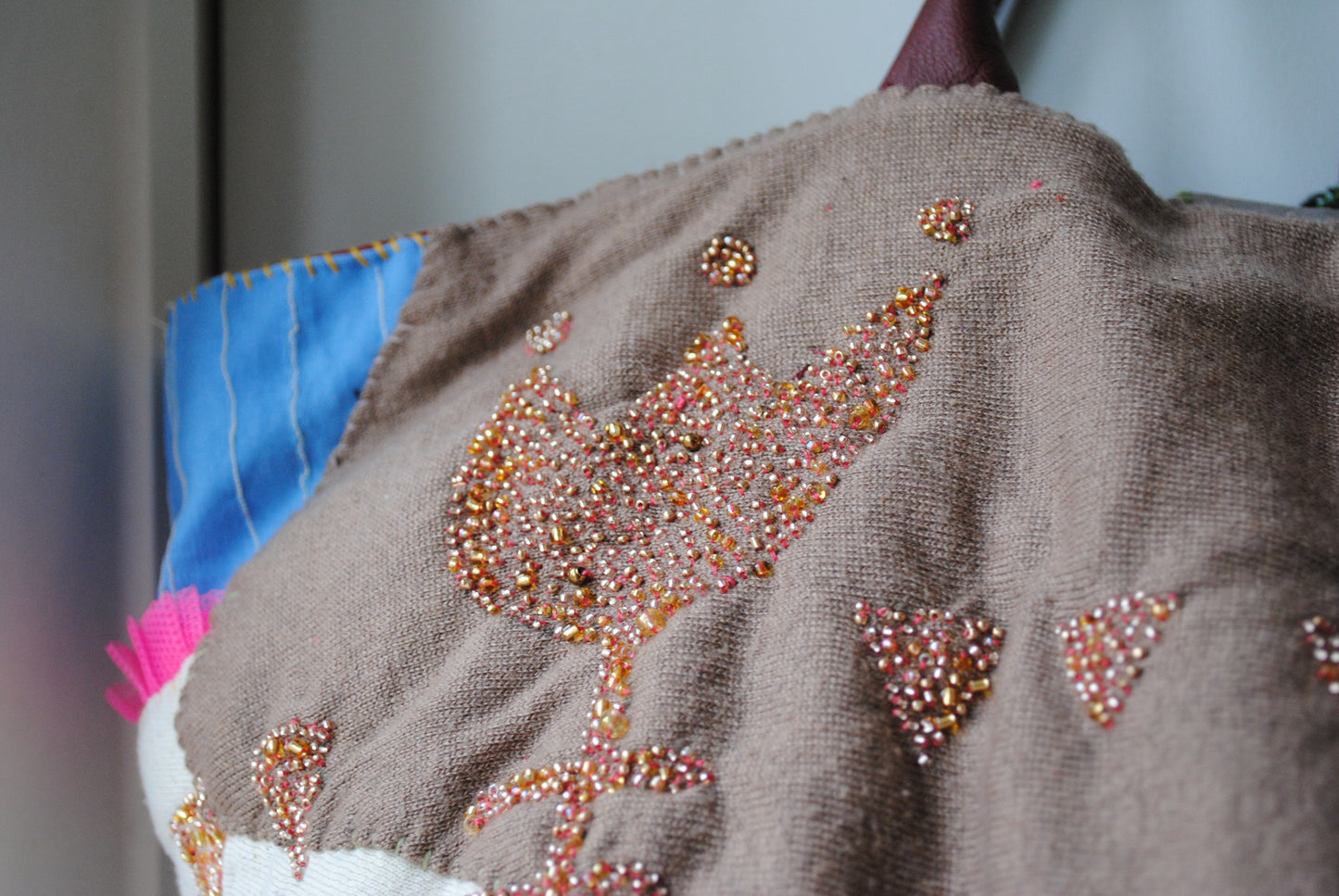 Taske håndsyet taske stof ægte læder håndtag håndlavet 1581