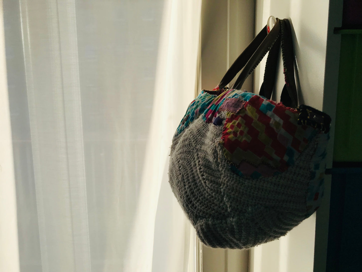 Taske håndsyet taske stof ægte læder håndtag håndlavet 1632 