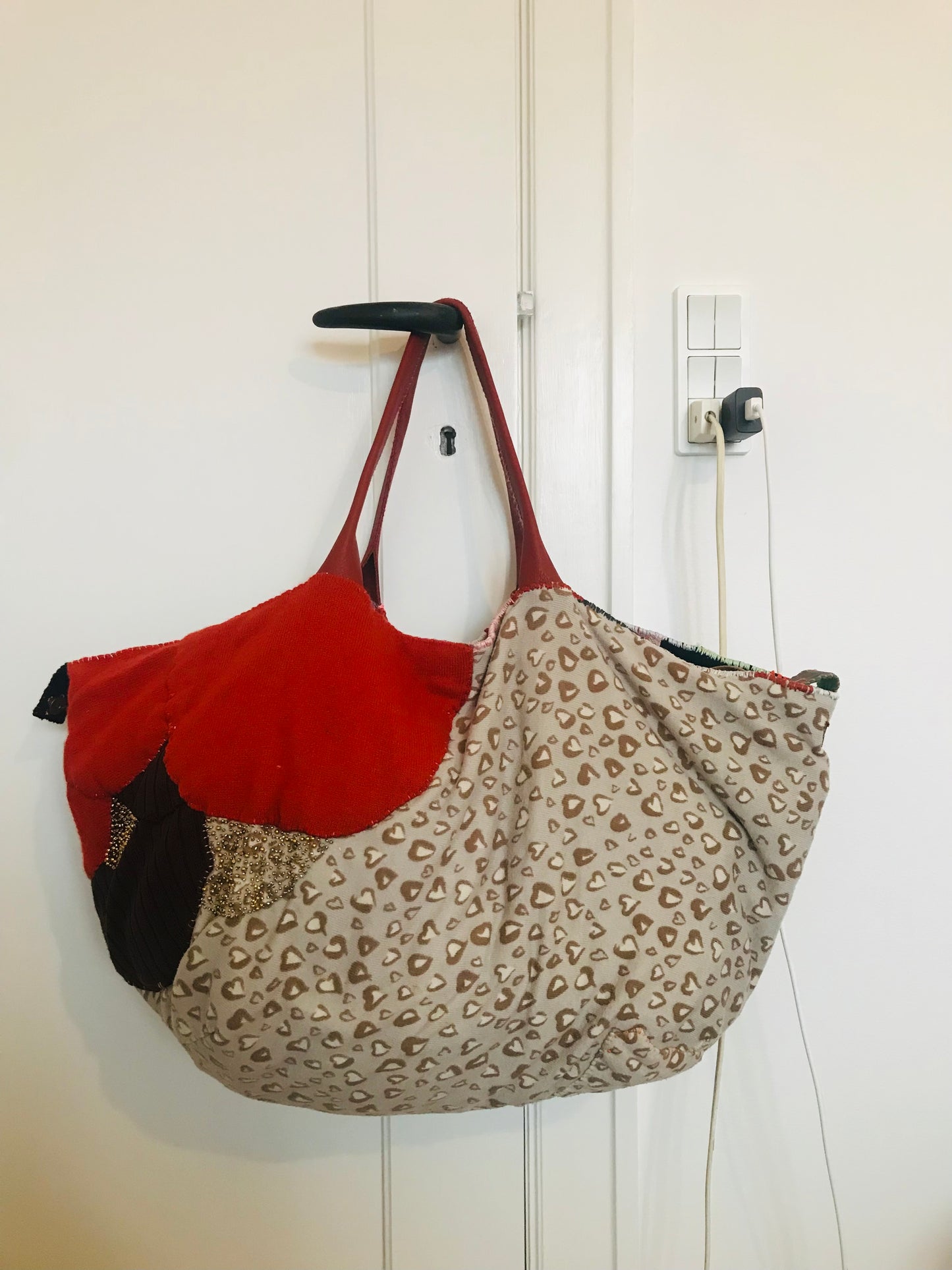 Taske håndsyet taske stof ægte læder håndtag slow fashion håndlavet 1688 