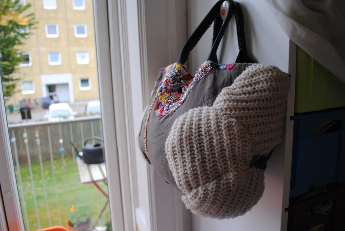 Taske håndsyet taske stof ægte læder håndtag håndlavet 1615